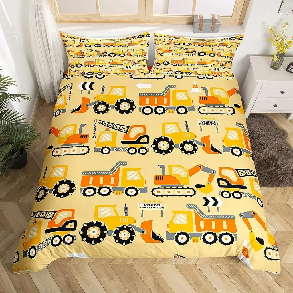 Truck Excavator Soft Duvet Cover Set Quen Sized Dimensions for Children Kids Nursery Carton Tractor Enginering Vehicle Construction Theme Beding Set