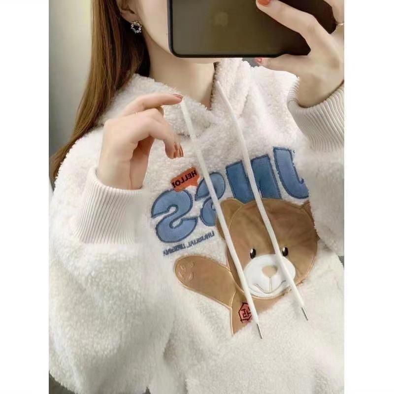 Womens Winter Fleece Sweatshirt Cute Bear Loose Fit Warm Pullover Casual Wear