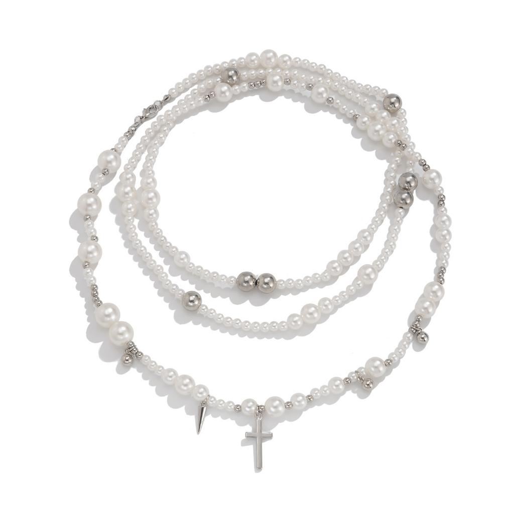 Vintage Imitation Pearl Beaded Necklace Choker Cold Wind Hip Hop Riveted Cross Item Jewelry