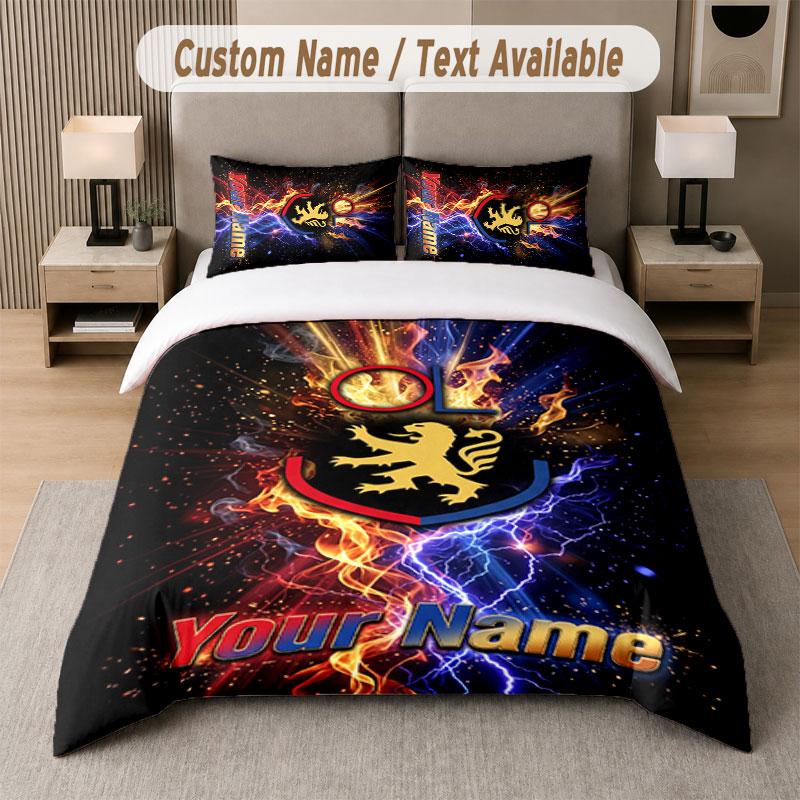 Custom Bedding Set Lyon FC Pattern, Print Name Text 1 Duvet Cover plus 2 Pillowcases Home Textile