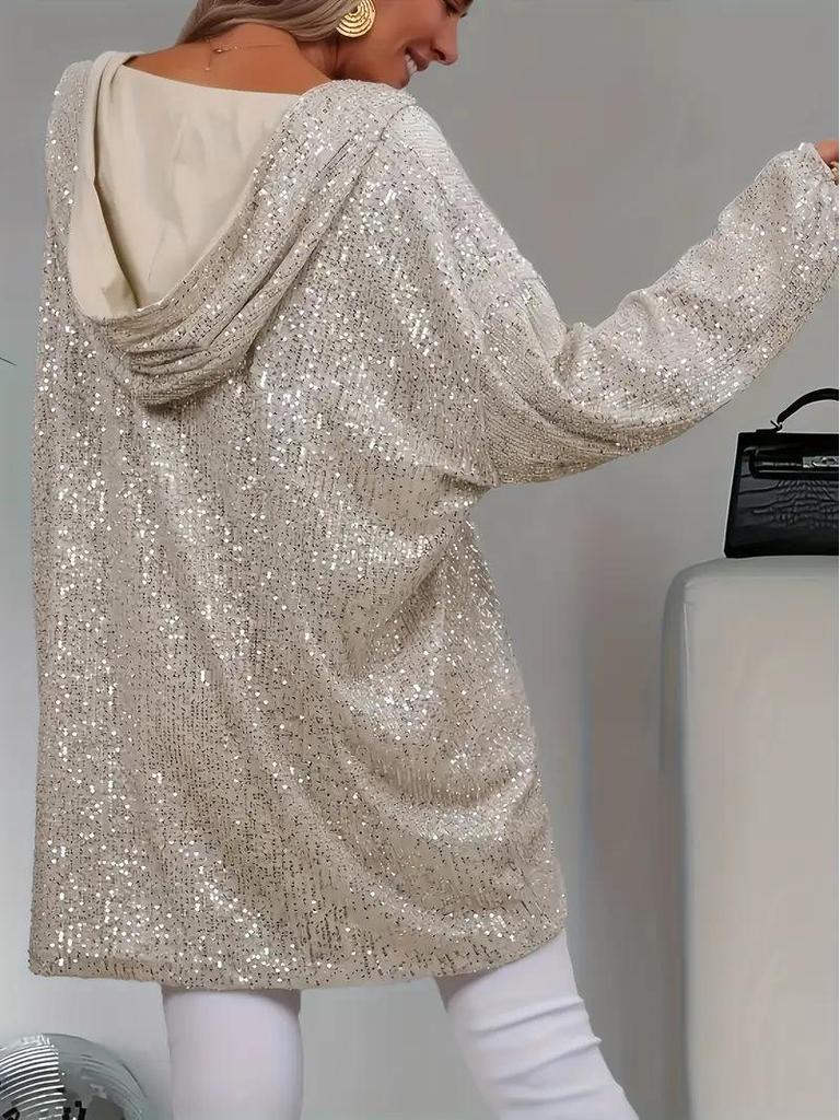 Women's Elegant Sequin Beaded Loose-Fit Hooded Pullover Sweatshirt