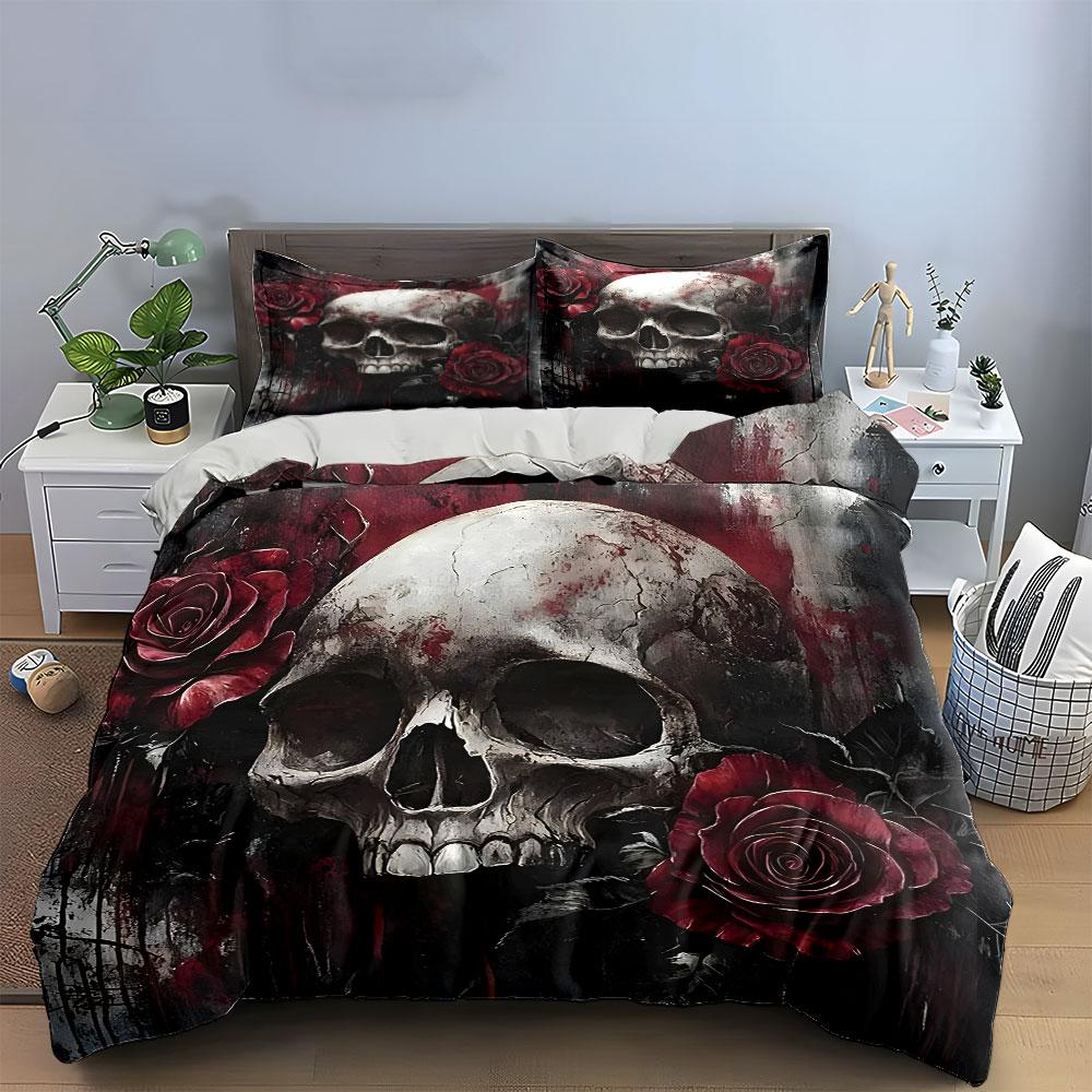 Skull with Red Roses Design Bedding Duvet Cover Set (1*Duvet Cover 2*Pillowcases, without duvet insert)