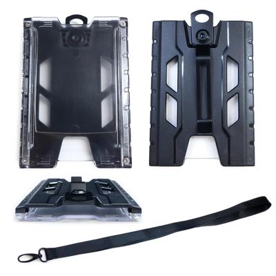 Black Card Holder (Holds Up To 4 Cards) Vertical Hard Plastic with Strap and Stainless Steel Clip, Fits Credit Cards, Pass Cases, Name Holders,