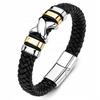 Men' Leather Bracelet Black Braided Gold Silver Gift Thick