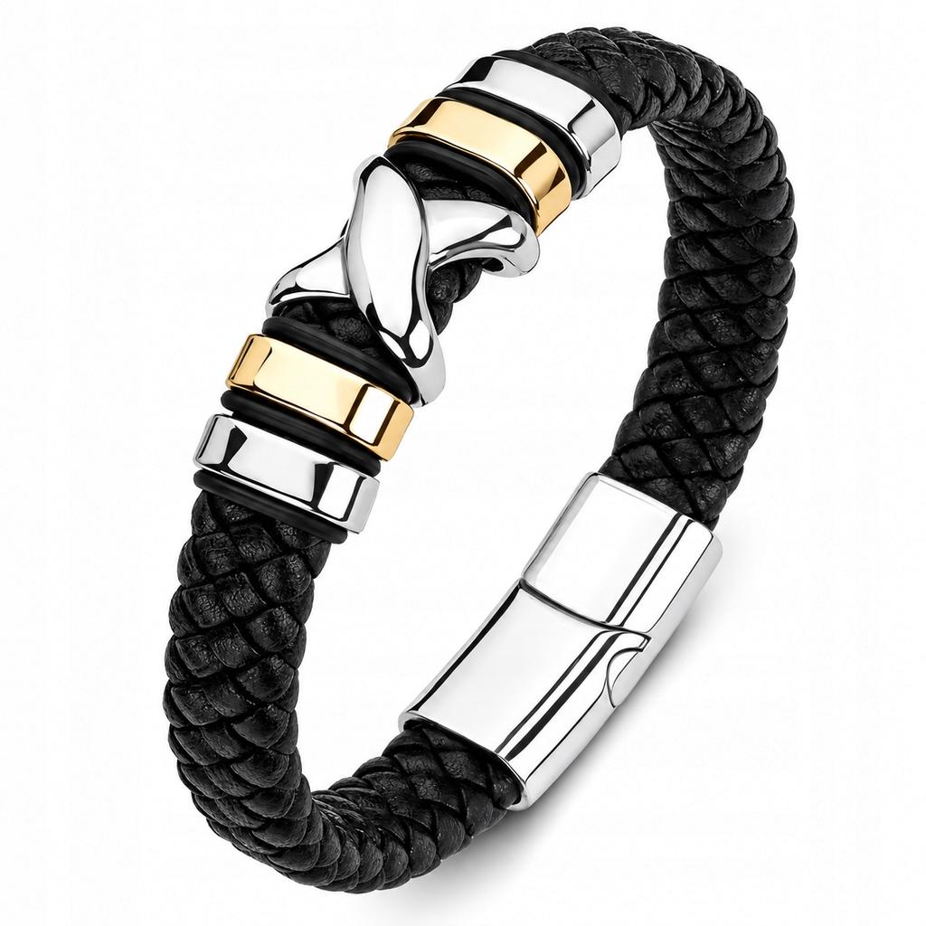 Men' Leather Bracelet Black Braided Gold Silver Gift Thick