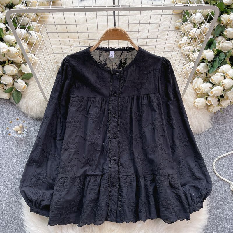

Sweet Younger Shirt Japanese Style Mori Girl Style Machine Embroidery Cardigan Long Sleeves Tops Loose Easiest for Match Baby Shirt Black One size