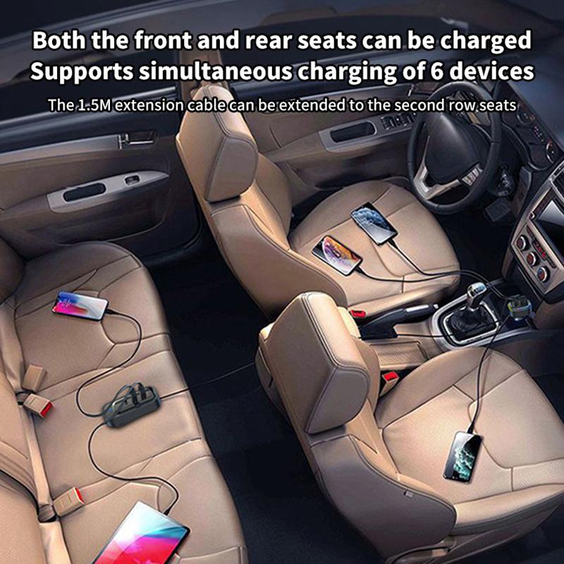 6-Ports Usb Type-C Front And Rear Extension Car Charger With Rgb Light Pd Fast Charging Power Adapter For Iphone Tablet Laptop