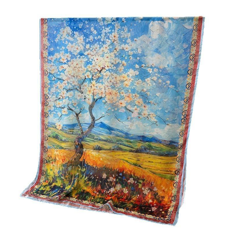 Qilu Painting Printing Flower Cutting Spring and Summer Silk Scarf Large Long Scarf High-end Travel Shawl Sun Protection Women's Scarf Headscarf