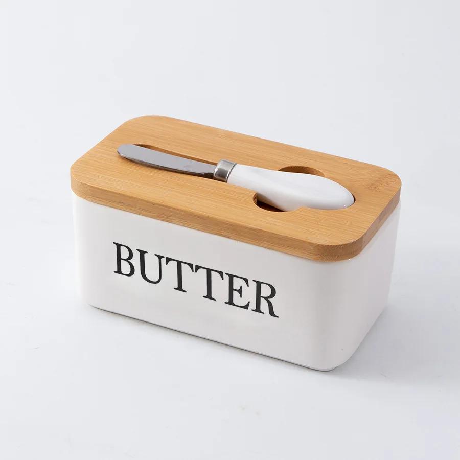Hot Sale Ceramic Butter Box Sets with Bamboo Lid Knife Airtight Butter Keeper for Home Kitchen Countertop Breakfast Tableware белый 10640₽