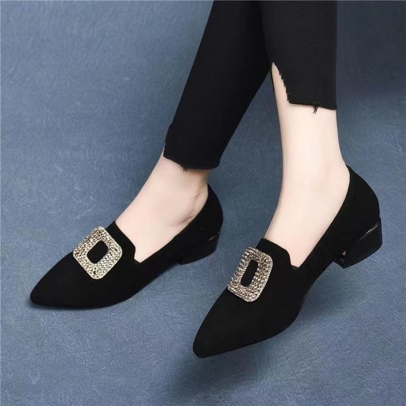 Autumn new soft leather soft sole matte heel small leather shoes pointed thick heel comfortable single shoes women