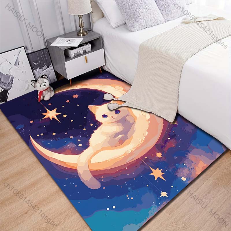 New Product White Cat On Crescent Moon Carpet for Living Room Bedroom Bedside Floor Mat Cloakroom Children Playing Mat Area Rug