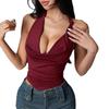 European and American Women's Clothing Sexy Babes Solid Color Pleated Backless Neck Strap Top