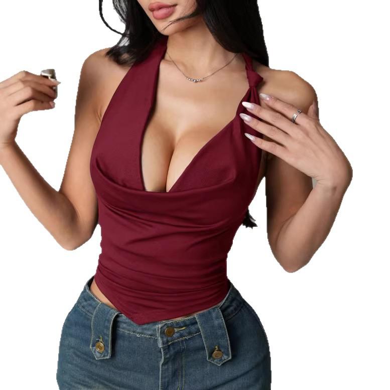 European and American Women's Clothing Sexy Babes Solid Color Pleated Backless Neck Strap Top