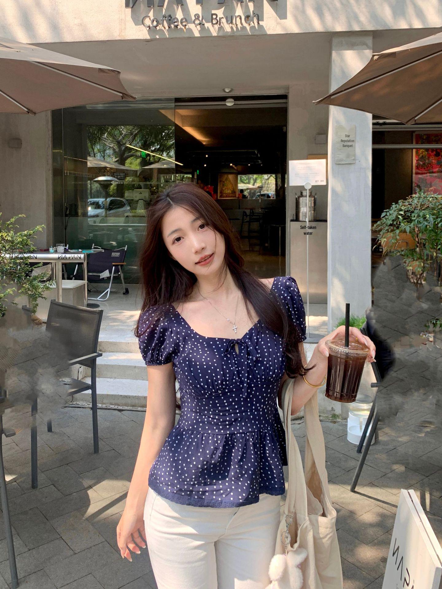 Plus Size Korean Polka Dot Ruffle Lace-up Top with Cinched Waist M