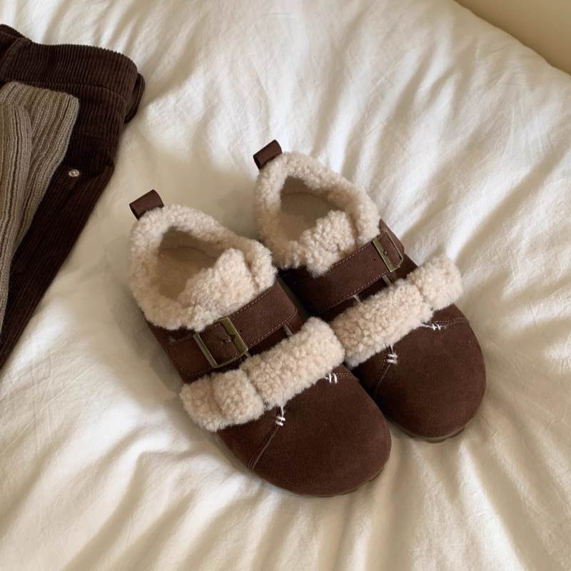 

Mori ретро пряжка ремня внутренняя платформа Birkenstocks женские 2025 новые бархатные теплые пушистые туфли на один педаль 40