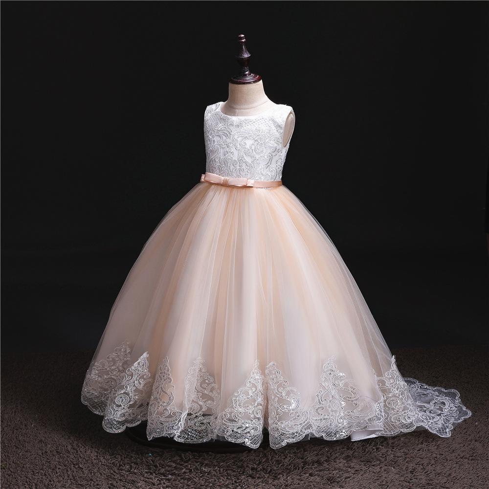 High-End Flower Girl Wedding Dress with Train - Puffy Skirt Princess Dress for Middle & Big Children.