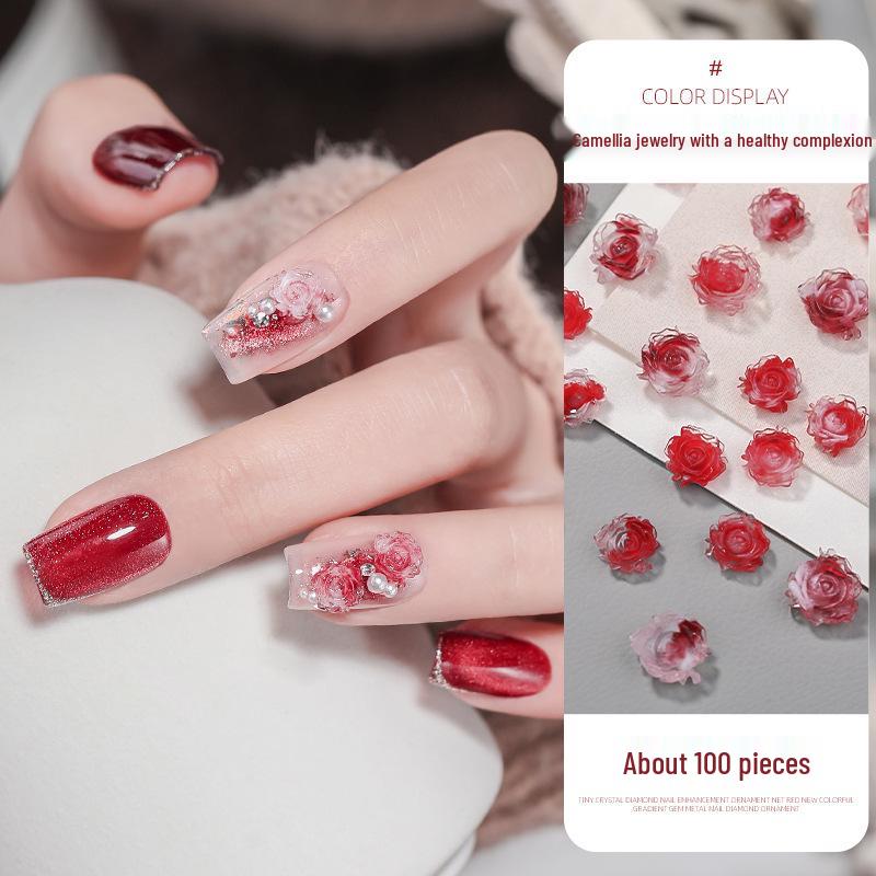 

Dark Night 3D Rose Camellia Nail Art Accessories - Red Flowers with Rhinestones