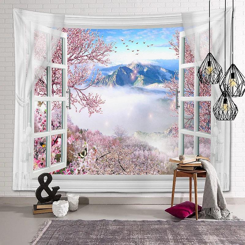 New Landscape Tapestry Tree Hole Window Beautiful Wall Cloth Green Forest  Background Painting