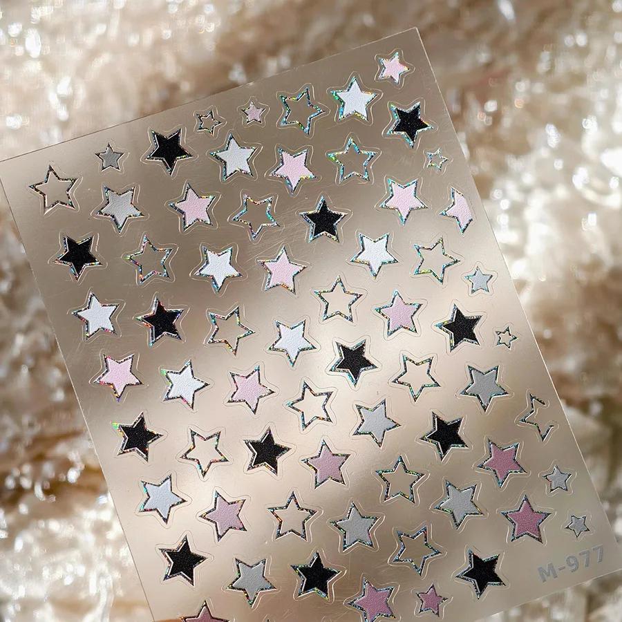 Colorful Five-pointed Star Gird Polka Dot Line Bowknot Cherry 5D Shiny Nail Art Stickers Self Adhesive Decoration Manicure Decal