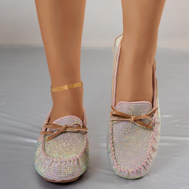Spring new bow strap snake pattern bright rhinestone beanie shoes flat heel casual driving shoes casual women's single shoes