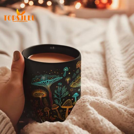 350ML Mushroom Coffee Mug with Grip Handle,Heat-Resistant Black Ceramic,Food Grade,Multifunctional Tea Milk Water Cup,Mushroom Lover Birthday Gift