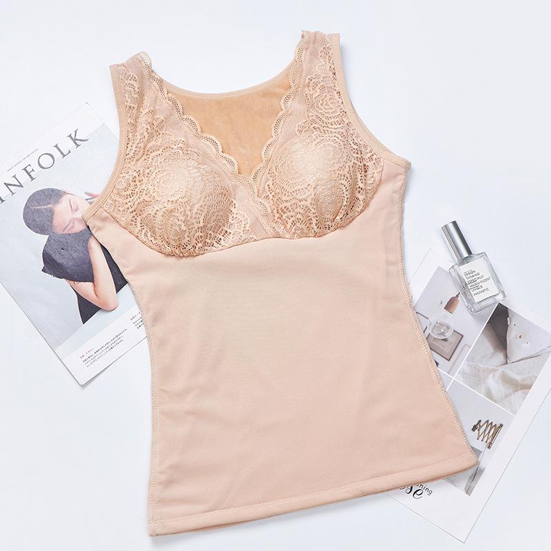 Velvet Thermal Underwear Women Double Layer Winter Warm Vest Tops Intimates Elastic V Neck Sexy Lace Thermal Vest