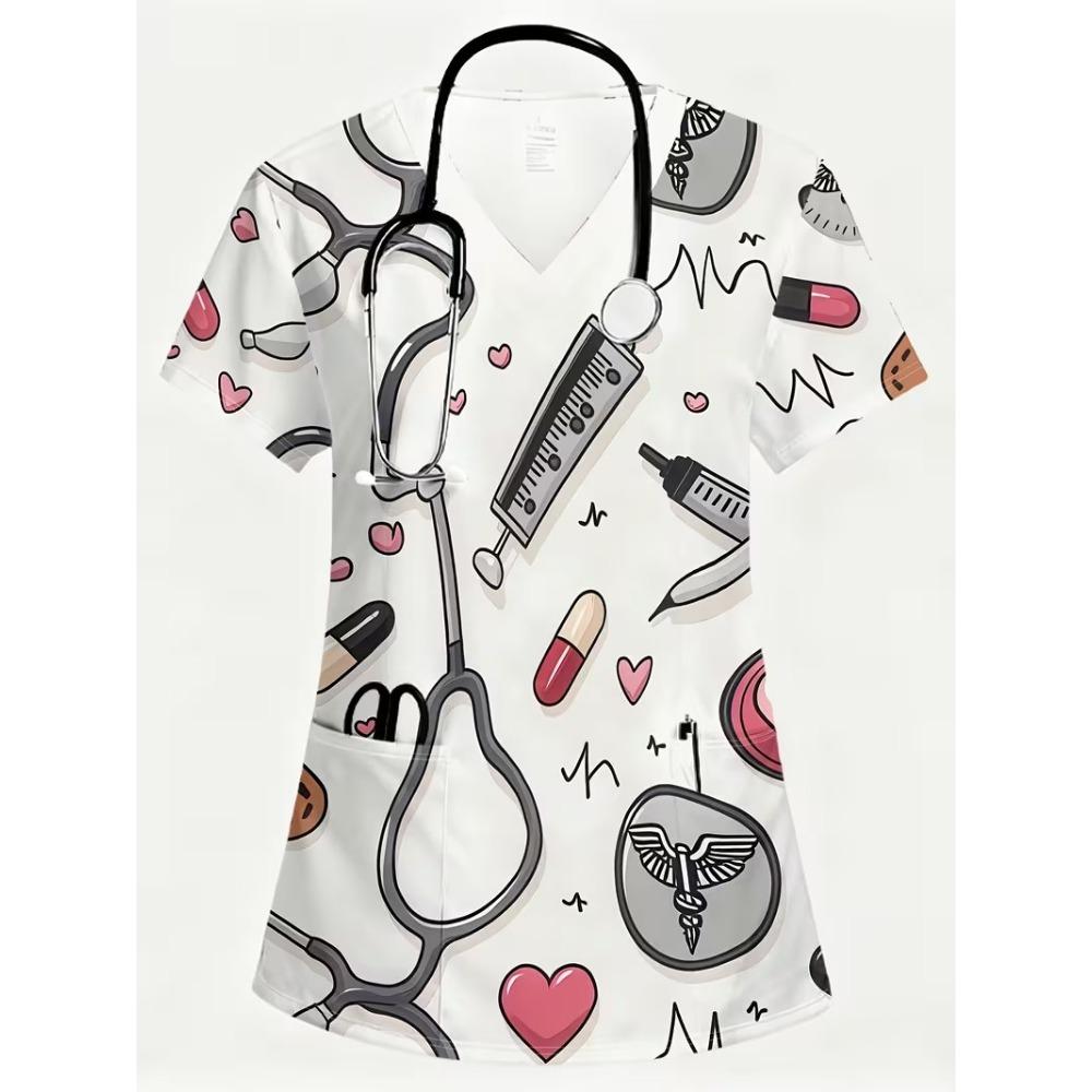 Sommer-Kurzarm-T-Shirt Medizinischer Anzug Damen Modebedrucktes Lässiges V-Ausschnitt-Kurzarm-Chirurgie-Anzug mit Taschen