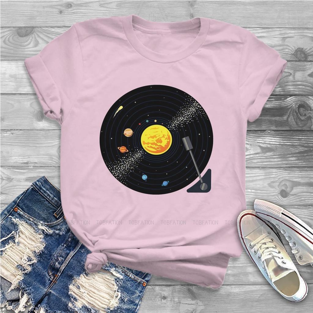 Solar System Vinyl Record Female Shirts Pluto Funny Space Science Loose Vintage Women Tshirts Harajuku Casual Feminine Blusas