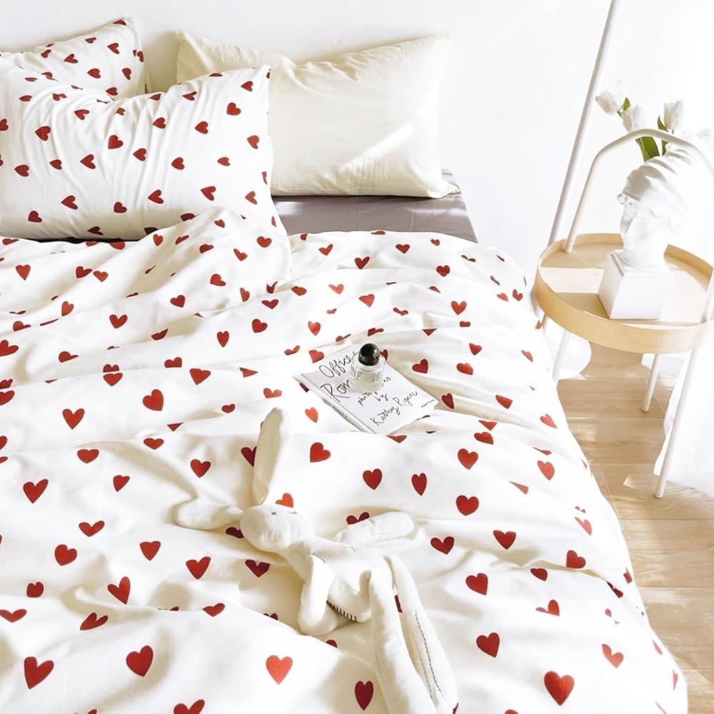 aesthetic heart-shaped pattern, Duvet Cover White red zipper ultra-fine fiber down duvet cover setsuitable for girls and women