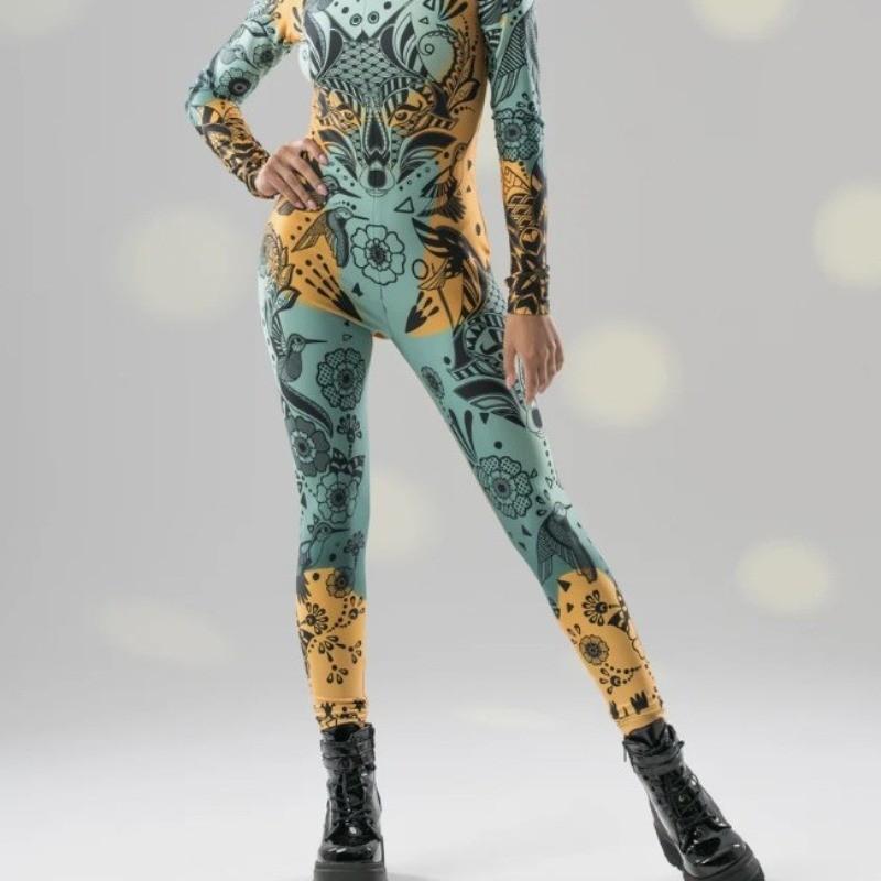 Unisex Cyber Punk Tattoo Patterned Blue Tights Women Backless 3D Digital Bird Printing Halloween Party Role Play Outfit Costume Jumpsuit