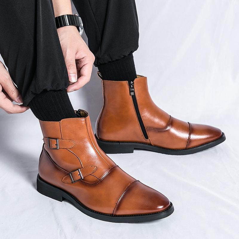 

Men s Boots Buckle Leather Boots British Style High-top Zipper Men Shoes Pointed Toe Ankle Boots Business Non-slip Dress Boot 38