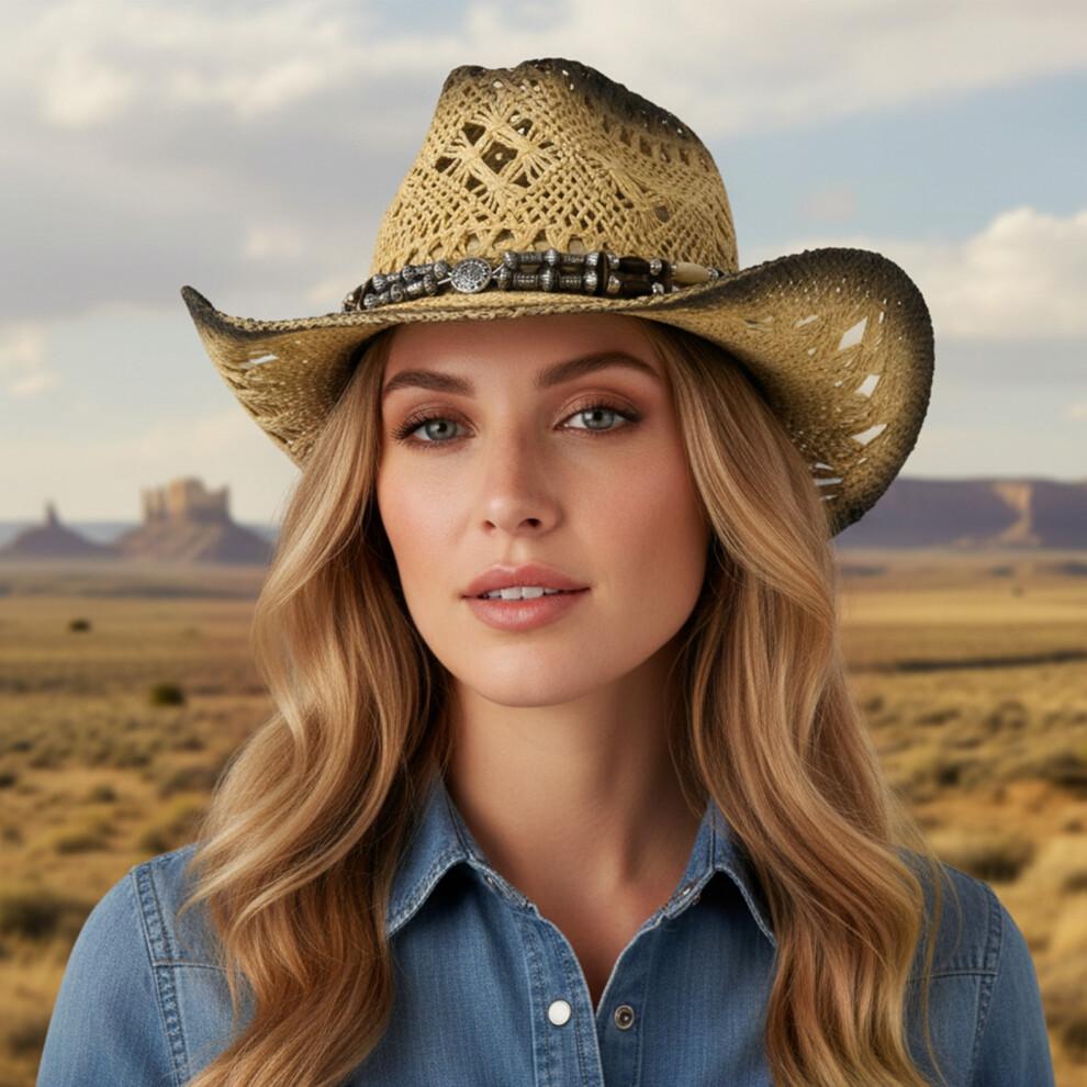 (L, Black) Cowgirl Hats for Women Men Outdoor Western Hat Wide Brim Straw Sun Hat with Beaded Ropes