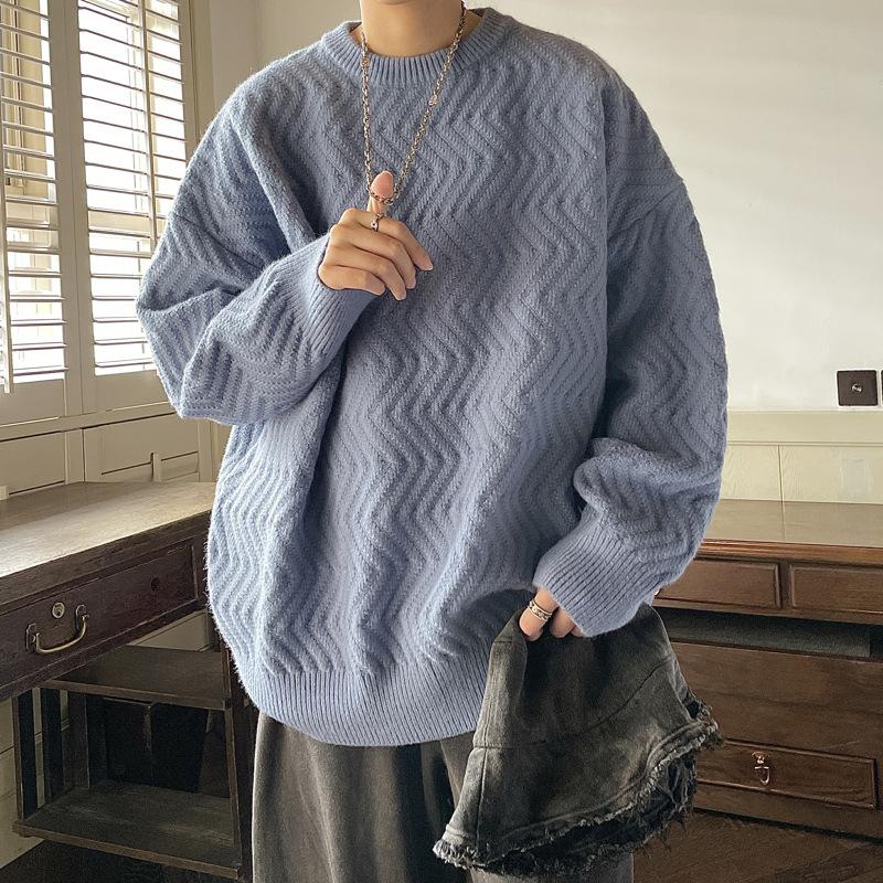 Oversized Wavy Knit Crewneck Sweater - Soft Loose-Fit Long Sleeve Pullover