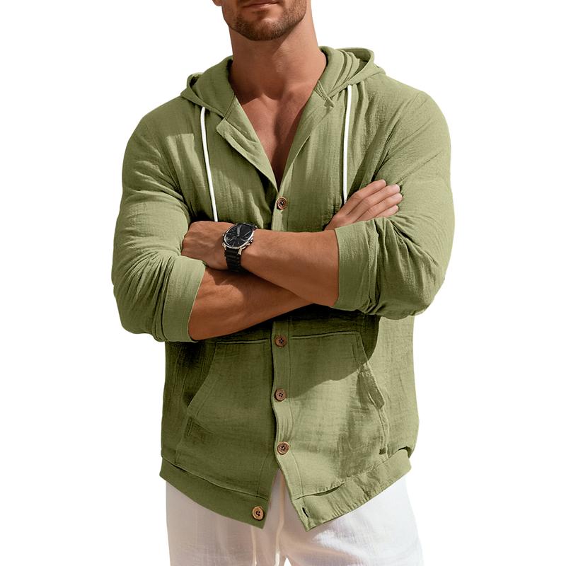 Men's Linen Shirt Solid Streetwear Long Sleeve Hoodie Cardigan Clothing for Men Button Tops Casual Loose Men Hooded Shirt