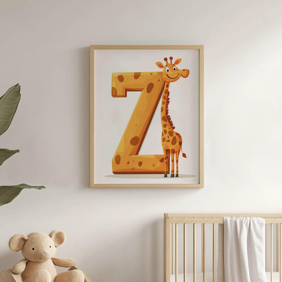 Żyrafa Z Literką Z - Plakat Dla Dzieci Żyrafa Z Literką Z - Plakat Dla Dzieci, 70X100 Cm, Rama Drewniana Jasny Dąb, Papier Matowy 230 Gsm