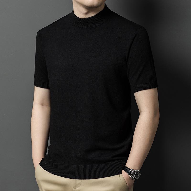 Men's Slim Fit Half-High Neck Wool Blend Knit Shirt - Short Sleeve, Fashionable, Versatile, Business Casual.