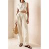 Women 2 Piece Linen Matching Set Sleeveless Crop Top High Waist Pleated Wide Leg Pants Casual Summer Ladies Outfit Ropa Mujer