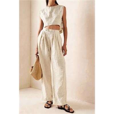 Women 2 Piece Linen Matching Set Sleeveless Crop Top High Waist Pleated Wide Leg Pants Casual Summer Ladies Outfit Ropa Mujer