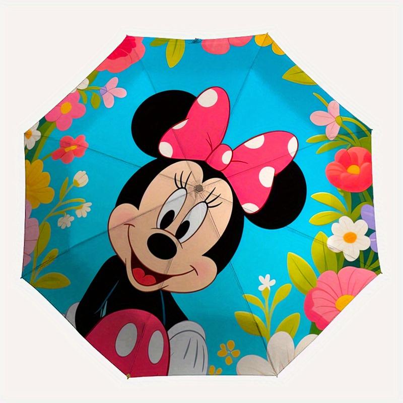 Minnie Mouse, Floral Background Automatic Opening and Closing Umbrella, Compact Travel Umbrella, Lightweight and Portable, Suitable for Beac