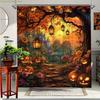 [Halloween Shower Curtain] Spooky Halloween Shower Curtain | Pumpkin Lanterns & Enchanting Castle Scene - Polyester Fabric Bat