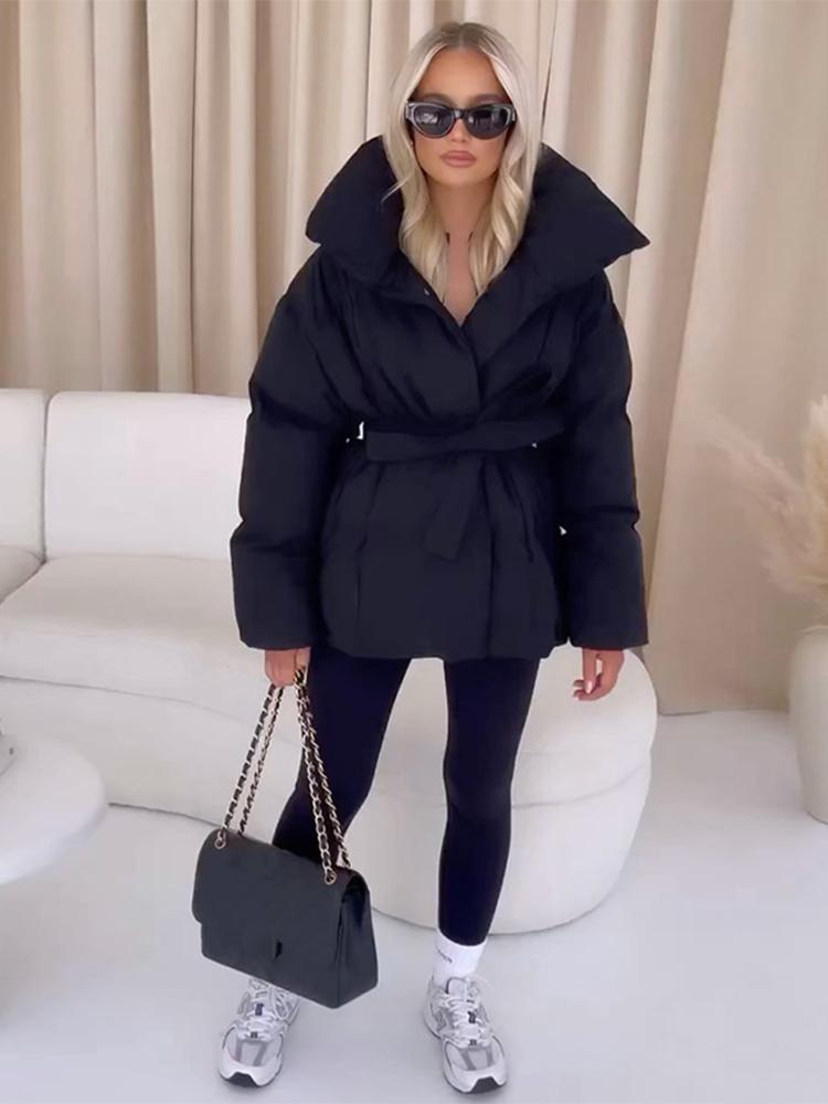 Women's Stand Up Collar Hooded Long Sleeved Zipper Glossy Thick Jacket for Winter