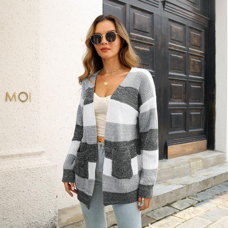 Women S Color Block Striped Pocket Cardigan Sweater Coat