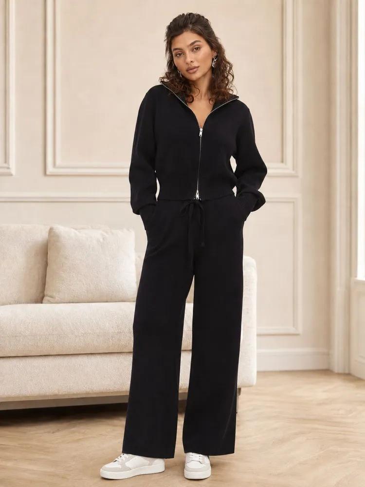 Double-open zipper sweater set, European, American autumn and winter new temperament commuting fashion casual wide-leg pants two-piece set
