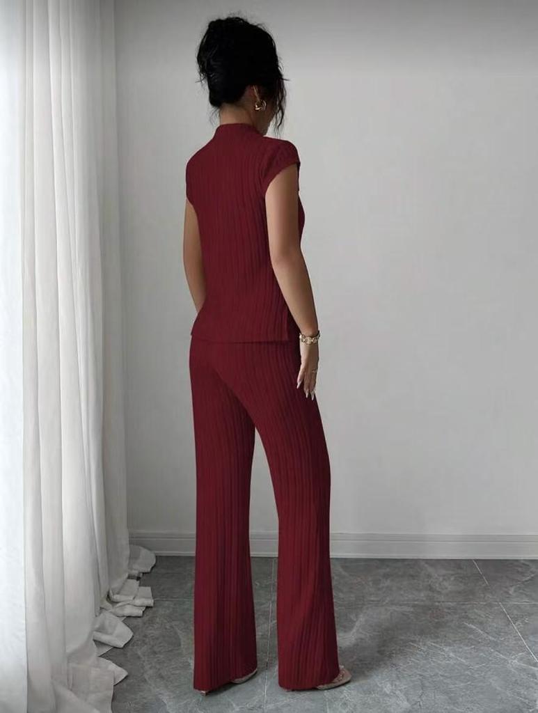 2026 New Style Women's Solid Color Short Sleeve Top & Ribbed Casual Pants Set