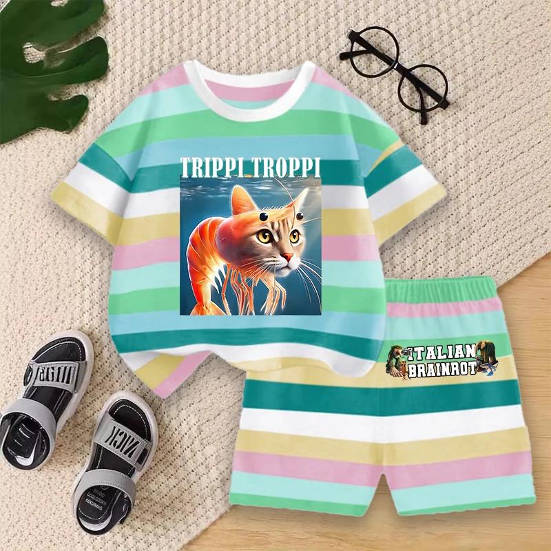 Boys Summer Striped Outfit Set Kids Cartoon Animal Print Short Sleeve T-shirt and Shorts for Play Outdoor