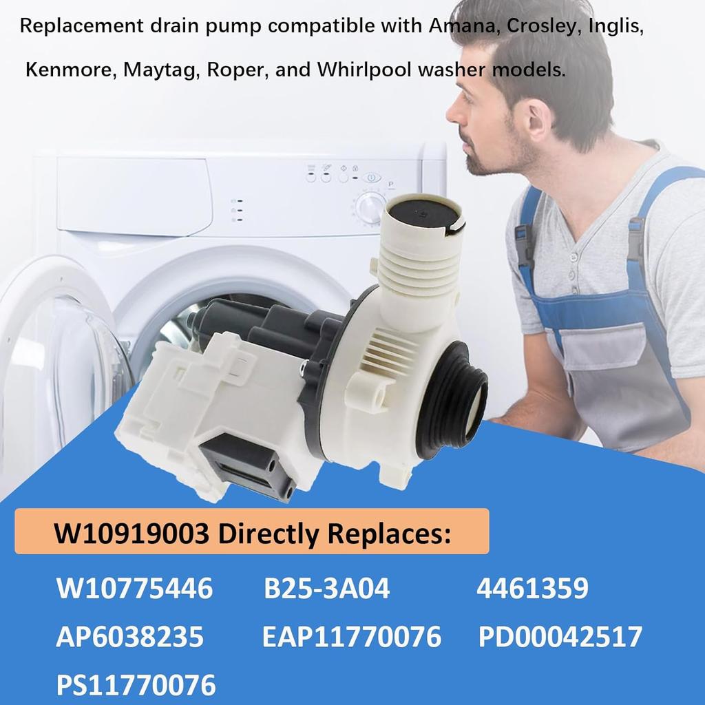 W10919003, W10775446 Washer Drain Pump Compatible with Whirlpool, Kenmore, Maytag Washing Machine Pump, Replaces B25-3A04, AP6038235, PS11770076