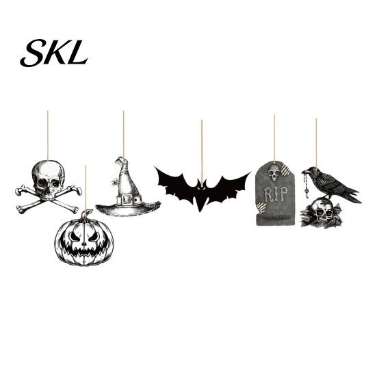 Spooky Party Decorations 6Pcs Halloween Wooden Hanging Decoration, Ghost Pumpkin Eyeball Themed Decoration Ornament with Rope, Holiday Decor Wall
