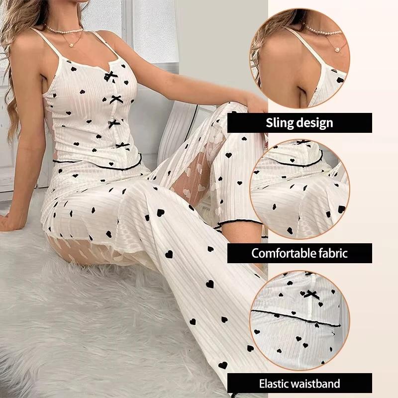 2-Piece Women's Sexy Transparent Mesh Lace Set with Ribbed Printed Strap Top and Pants Home Clothes Pajama Set
