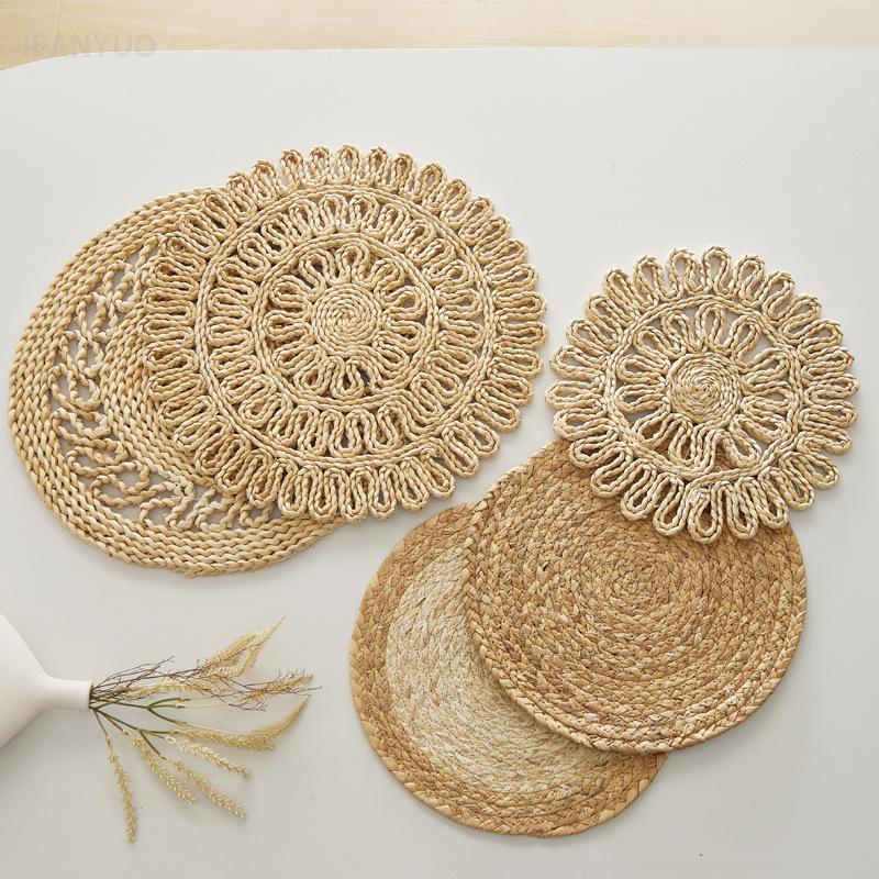 Bohemia Round Woven Placemats for Dining Table Braided Heat Resistant Non-Slip Weave Water Hyacinth Table Mats Table Decoration