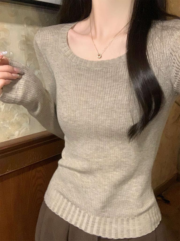 Spring Round Neck Solid Color Bottoming Shirt Female Slim Fit Pure Desire Wind Sweet and Spicy Inner Top Basic Knitted Sweater